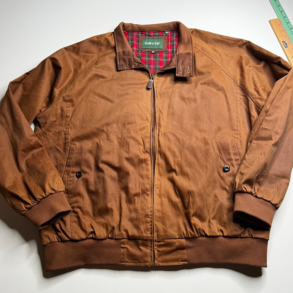 Orvis Mens Weatherbreaker Jacket Brown Harrington Plaid Lined XL 2SHY 46639